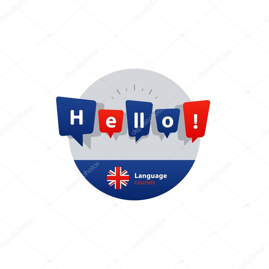 British english language class concept icon set and flag logo, language exchange program, forum and international communication sign. Flat design vector illustration
