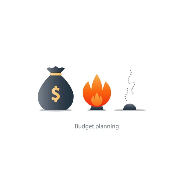 Money loss, burn budget, finance plan, investment risk, waste savings, crisis — Stock Vector