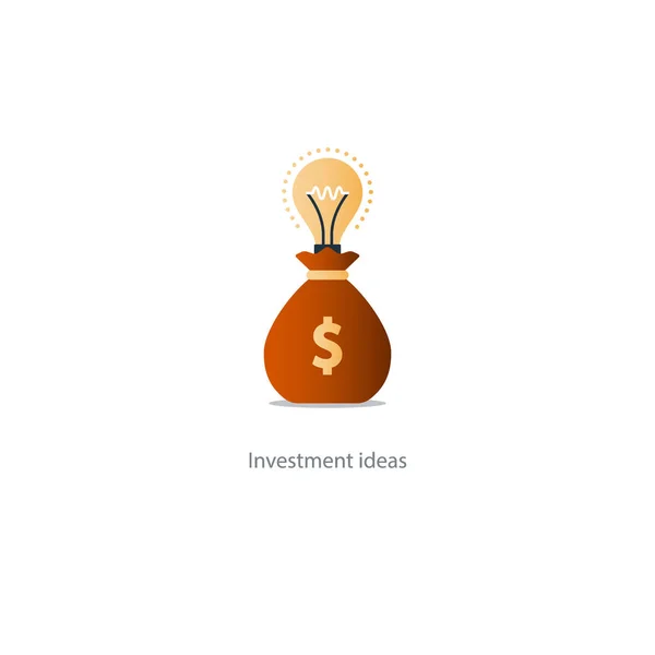 Bolsa de dinheiro com lâmpada ideia, conceito de investimento, plano de orçamento —  Vetores de Stock