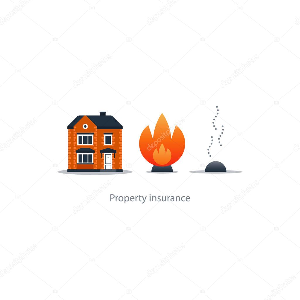 Burning fire, building insurance, safety concept, house icon