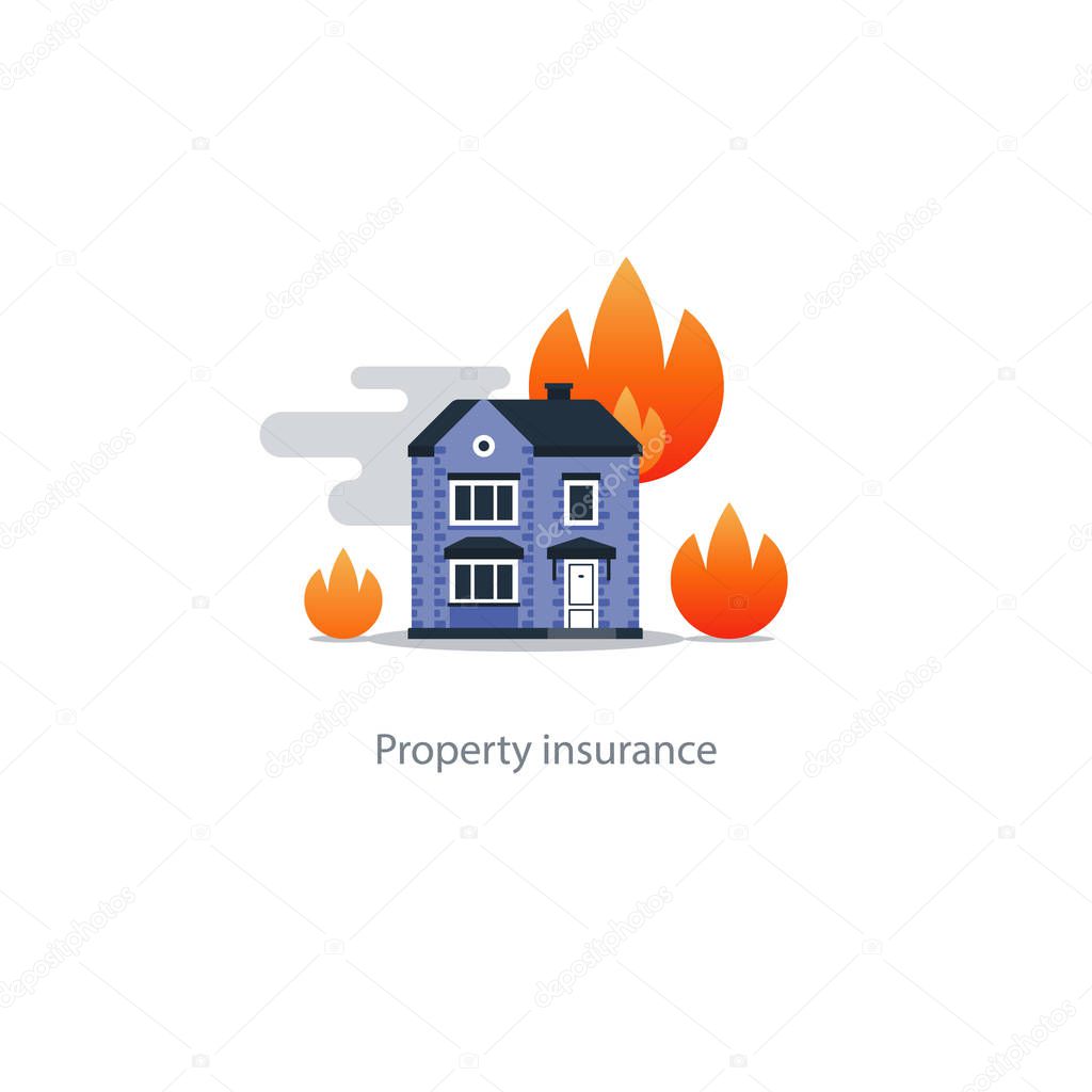 Burning building, fire insurance, safety concept, house icon