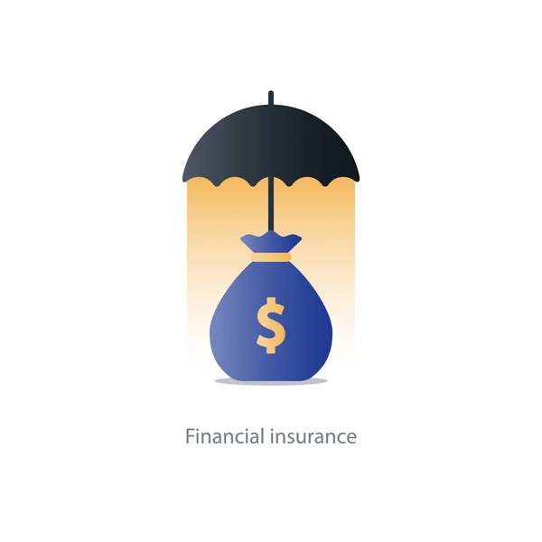 Concept de sécurité financière, sac d'argent et parapluie — Image vectorielle