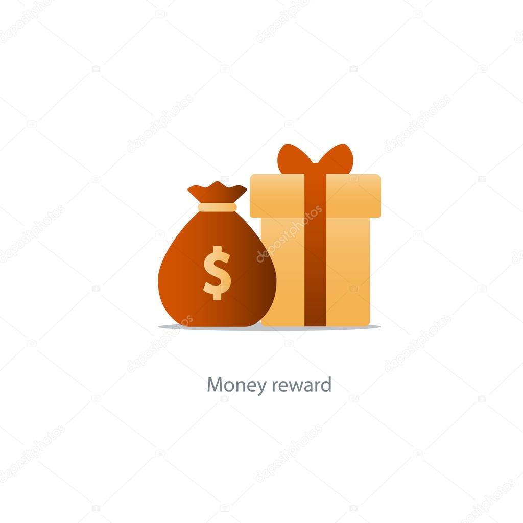 Yellow gift box and money bag, reward concept, bonus points
