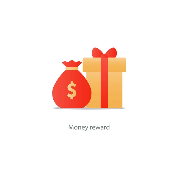 Caixa de presente amarelo e saco de dinheiro, conceito de recompensa, pontos de bônus — Vetor de Stock