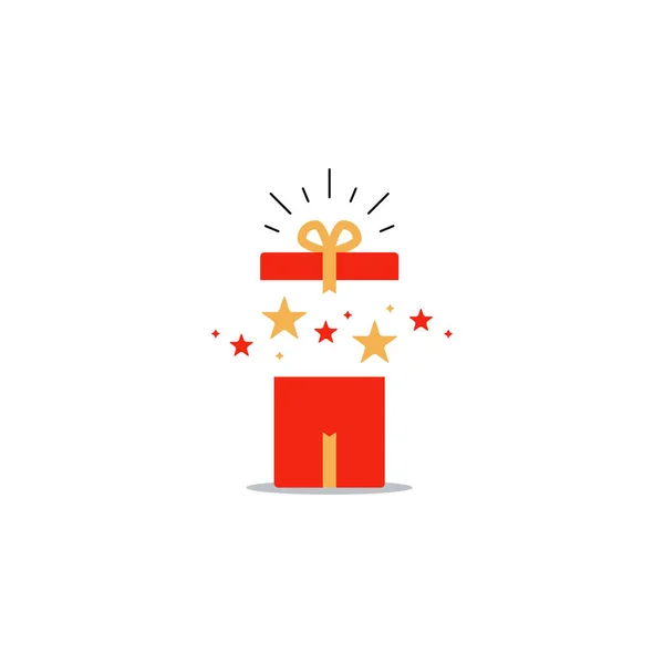 Öppnade presentbox, överraskning koncept, födelsedagsfirande — Stock vektor