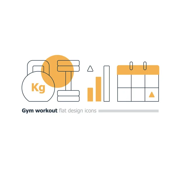 Concepto de curso de gimnasia, Kettlebell y mancuerna iconos, trabajo — Vector de stock