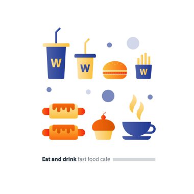 Yemek ve içki lokanta düz simgeleri, Cafe menü öğeleri ayarla