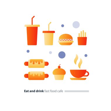 Yemek ve içki lokanta düz simgeleri, Cafe menü öğeleri ayarla