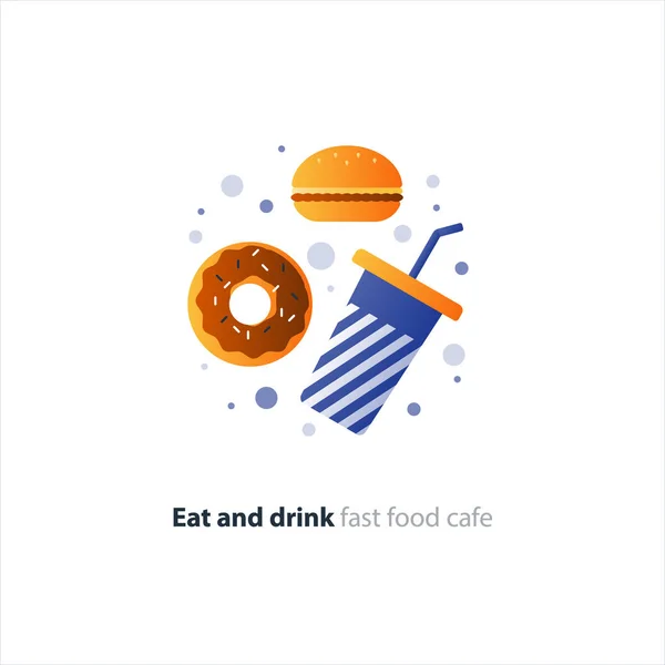 Donut de chocolate e copo azul com palha, ordem de fast food — Vetor de Stock