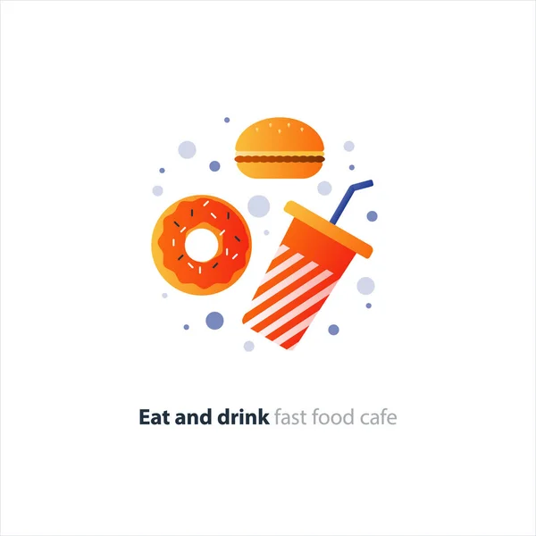 Roter Donut und Becherglas mit Stroh, Fast Food bestellen — Stockvektor