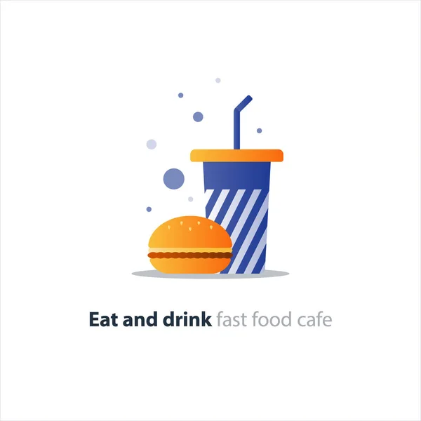 Burger and high blue tumbler glass with straw, fast food order — Stock Vector