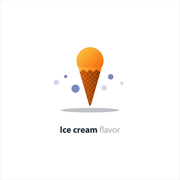 Cone de sorvete, vidros de laranja, sabor saboroso, sobremesa refrescante fresca — Vetor de Stock