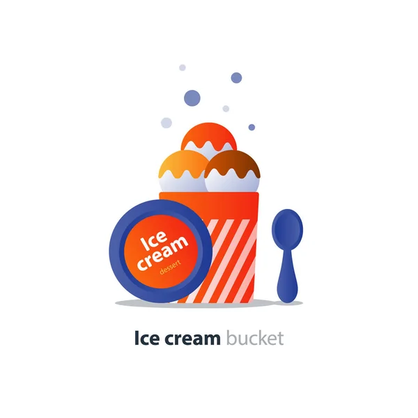 Sobremesa de balde de sorvete, três colheres, sabor saboroso, sobremesa refrescante fresca — Vetor de Stock