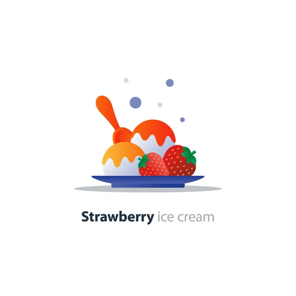 Sobremesa de sorvete no prato, sabor de morango, sobremesa refrescante fresca — Vetor de Stock