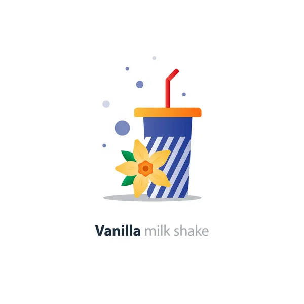 High glass of milk shake with vanilla flower flavor, refreshing drink — Stock Vector