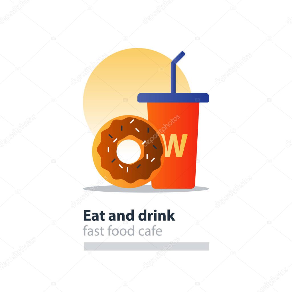 Doughnut and tumbler glass with straw, fast food cafe concept, sweet donut with frosting and sprinkes, vector flat design illustration