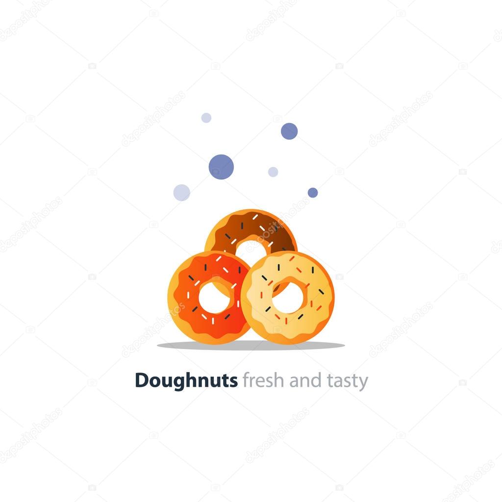 Three diverse colorful doughnuts in pile, sweet tasty ring donuts icon, glazed doghnuts with sprinkles, vector flat design illustration