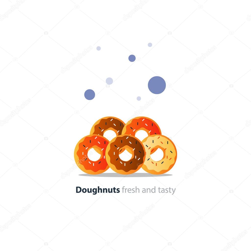 Five diverse colorful doughnuts in pile, sweet tasty ring donuts icon, glazed doghnuts with sprinkles, vector flat design illustration