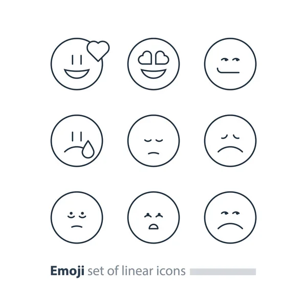 Iconos emoji, símbolos emoticones, signos de expresión facial, diseño minimalista — Vector de stock