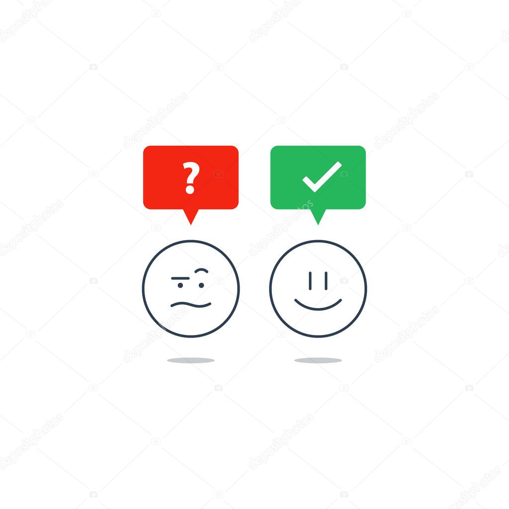 Opposite emotions, smile emoji, sad icon, customer services, feedback survey