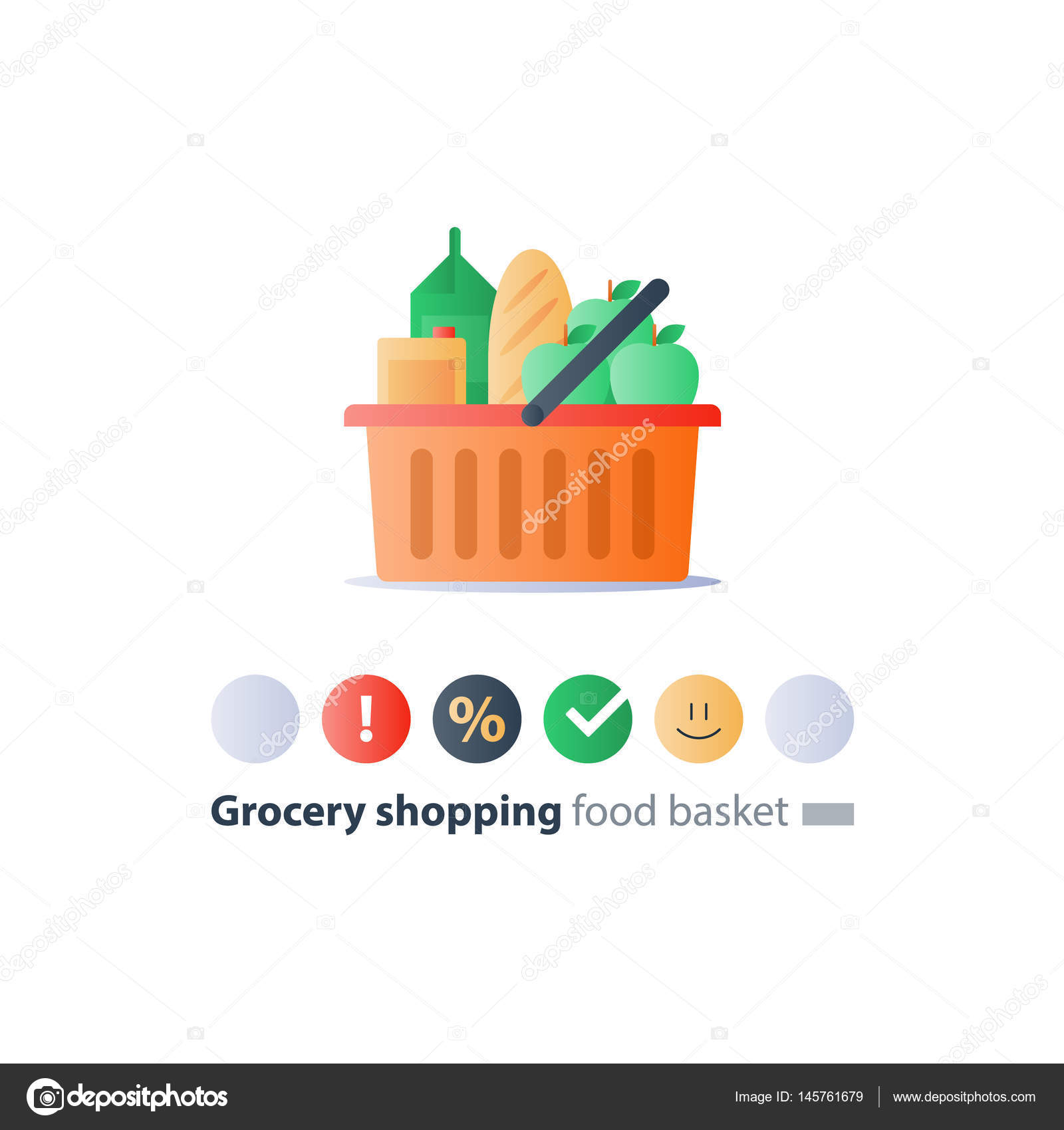 食物丰富，杂货店订单食品桩在篮子里，商店出售特价商品图标图库矢量图©Stmool 145761679