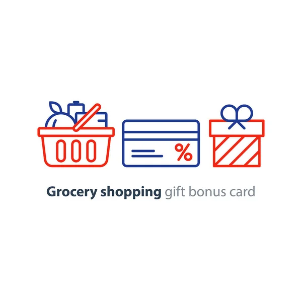 Cesta de comida, ordem de supermercado, loja oferta especial, ícone de linha de cartão de desconto de bônus —  Vetores de Stock