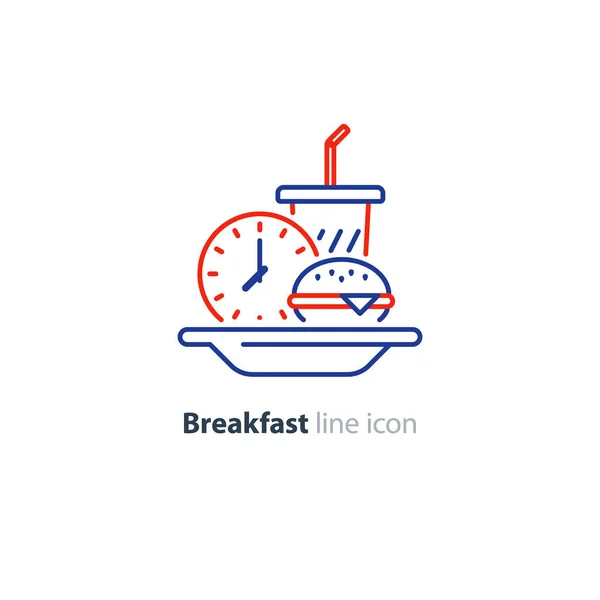 Plato de almuerzo, desayuno temprano, hamburguesa y copa, icono del reloj — Vector de stock