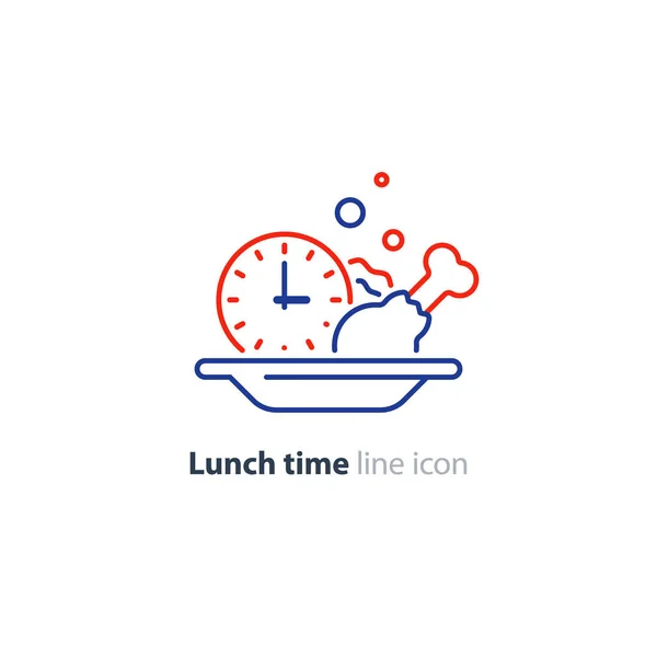 Almuerzo plato, sabrosa cena, plato principal icono del reloj — Vector de stock
