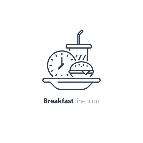 Obiad, wczesne śniadanie, burger i napój szkło, płyta, ikona zegara — Wektor stockowy