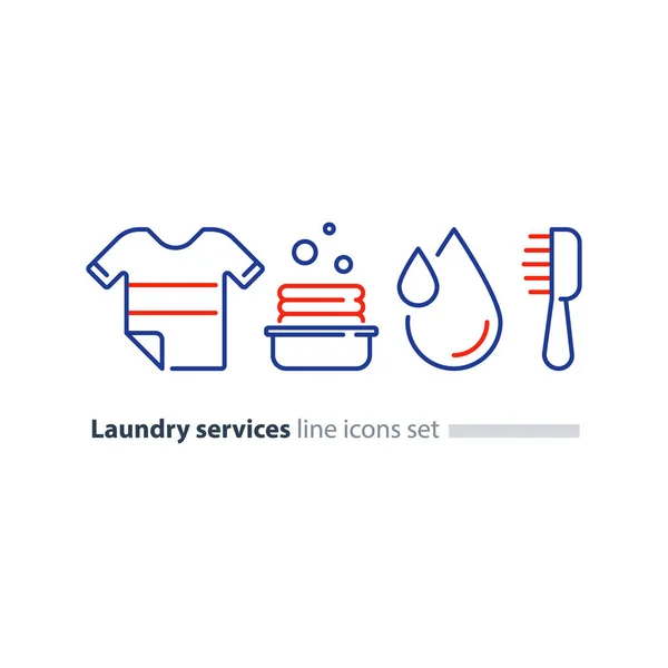 Tvätta kläder, Tvättservice mono-line ikonen, t-shirt och hink — Stock vektor