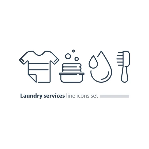 Praní oblečení, prádla monovlasec ikonu, tričko a kbelík — Stockový vektor