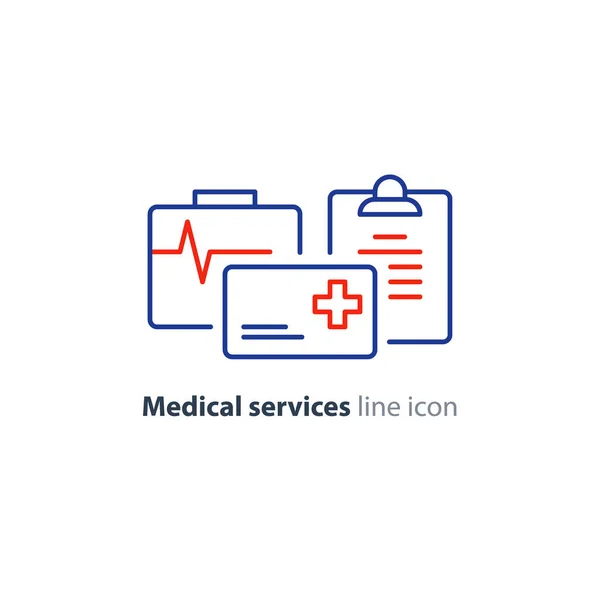 Servicios de salud icono de línea delgada, logotipo de la tarjeta de seguro — Vector de stock