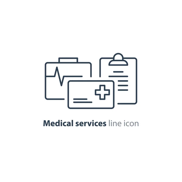 Diensten voor gezondheidszorg dunne lijn pictogram, verzekeringskaart logo — Stockvector