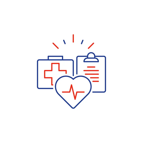 Serviços de saúde ícone linha fina, logotipo do seguro médico, cardiologia cardíaca — Vetor de Stock