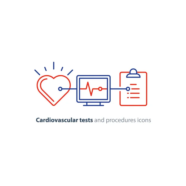 Hjärtikonen test linje, elektrokardiogram monitor logotyp, kardiologi undersökning — Stock vektor