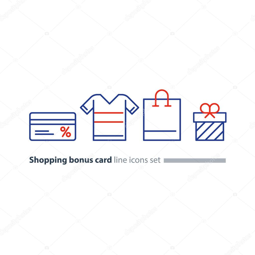 Bonus gift card, shopping bag, buy clothes, vector line icons