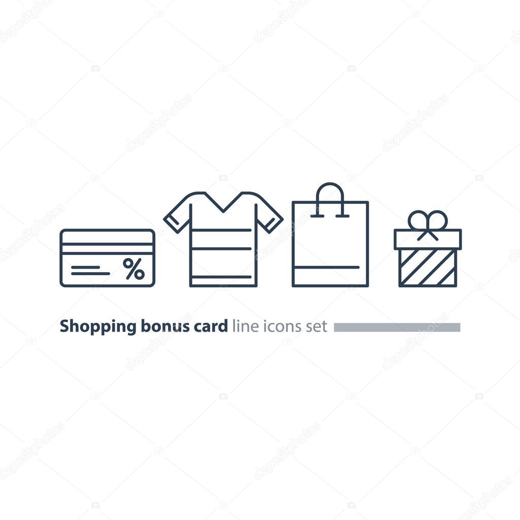 Bonus gift card, shopping bag, buy clothes, vector line icons