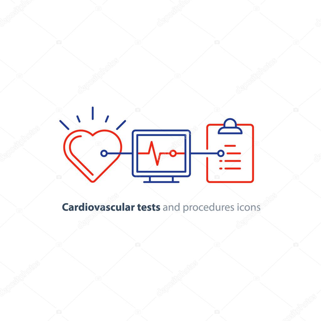Cardiovascular disease prevention test, heart diagnostic, electrocardiography logo, medical monitor screen, undergo ecg procedure, check up hypertension risk, vector mono line icon