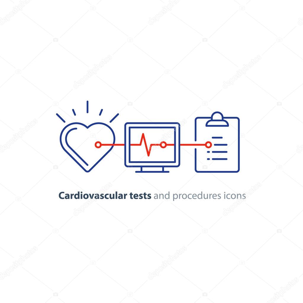 Heart test line icon, electrocardiogram monitor logo, cardiology examination