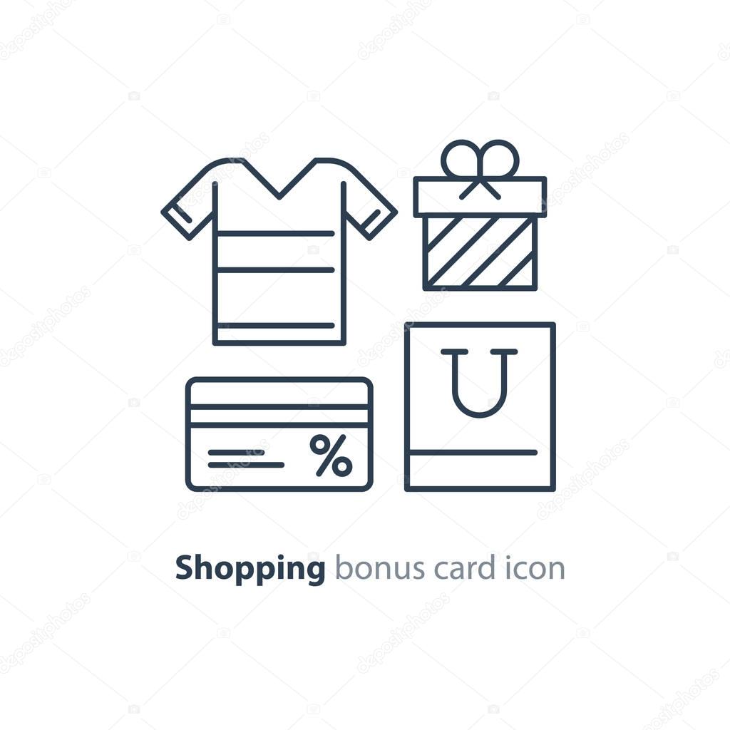 Bonus gift card, shopping bag, buy clothes, vector line icons