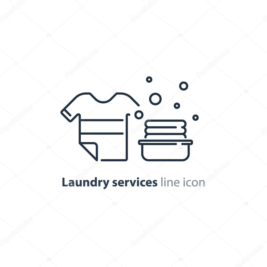 Washing clothes, laundry mono line icon, t-shirt and bucket