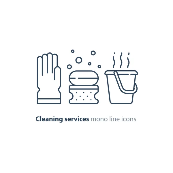 Комплект санитарных объектов, предметы и услуги чистящего оборудования, иконки линий — стоковый вектор