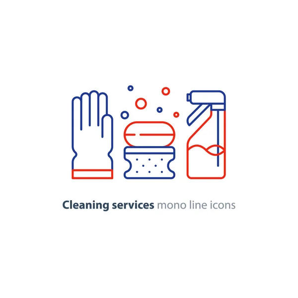 Sanitární objekty nastaven, čištění zařízení položky a služby, řádek ikon — Stockový vektor
