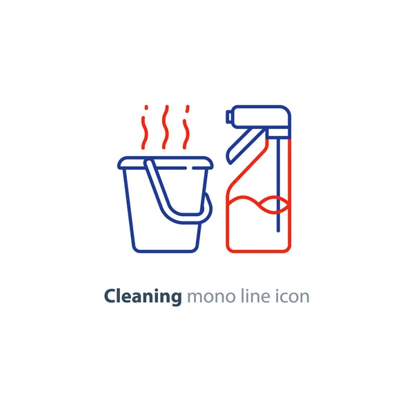 Conjunto de objetos de saneamento, itens e serviços de equipamentos de limpeza, ícones de linha — Vetor de Stock