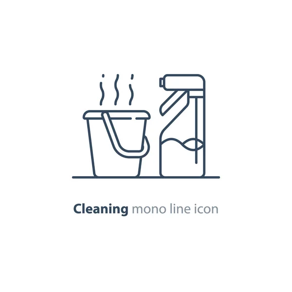 Комплект санитарных объектов, предметы и услуги чистящего оборудования, иконки линий — стоковый вектор