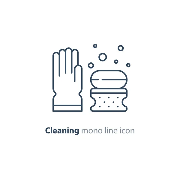 Objektumok higiénia készlet, tisztító berendezések cikkek és a szolgáltatások, a vonal ikonok — Stock Vector