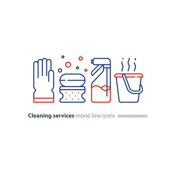 Hygieneartikel-Set, Reinigungsmittel und Dienstleistungen, Linien-Symbole — Stockvektor