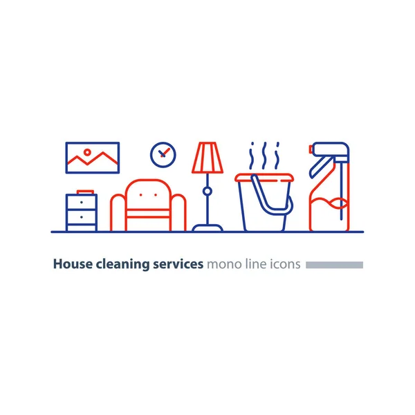 Vyčistit služby údržby domu, aktualizovat vnitřní čáry ikony — Stockový vektor