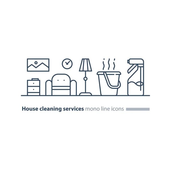 Servicios de mantenimiento de casas limpias, actualizar iconos de línea interior — Archivo Imágenes Vectoriales