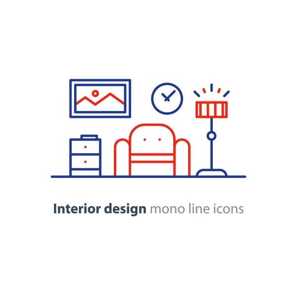 Enkel inredning, Lägenhet designtjänster, linje möbler ikoner som — Stock vektor